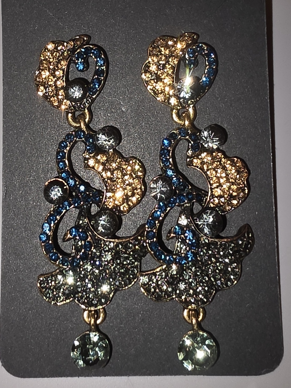 Gold-Tone Blue and Champagne Rhinestone Pierced Filigree Statement Drop Earrings